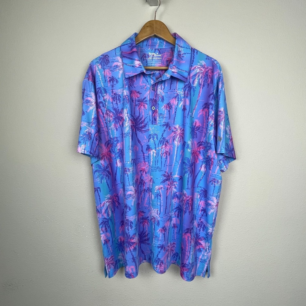 Birdie Bound‎ Polo Shirt Men's 2XL Tropical Palm Print Golf Stretch AOP